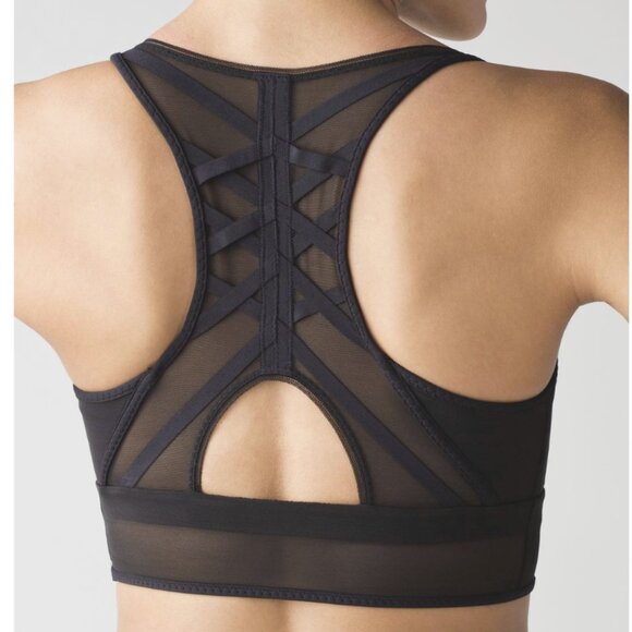 Lululemon Essential Rhythm Bra Black Luon Mesh Criss Cross Braided Racerback - Picture 1 of 15
